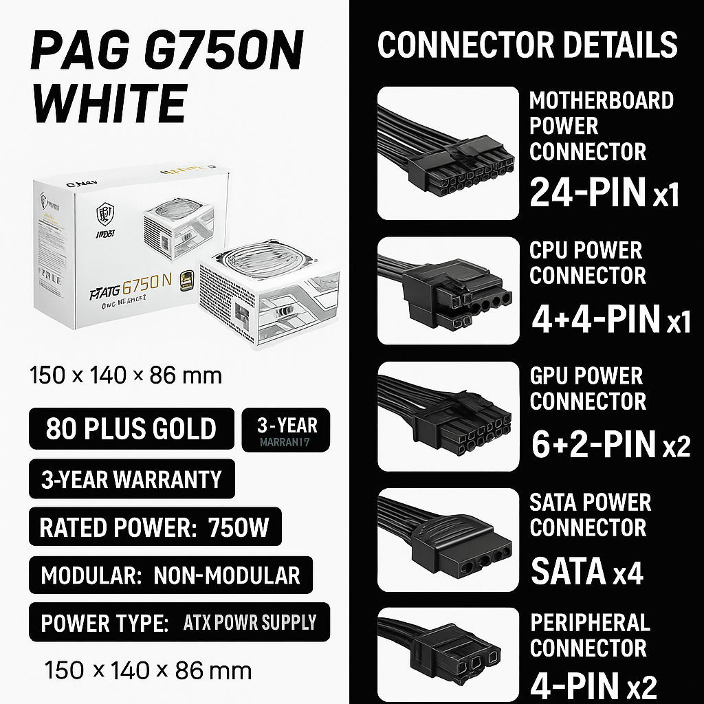 🔌 MSI PAG G750N WHITE – 750W 80+ Gold ATX Power Supply